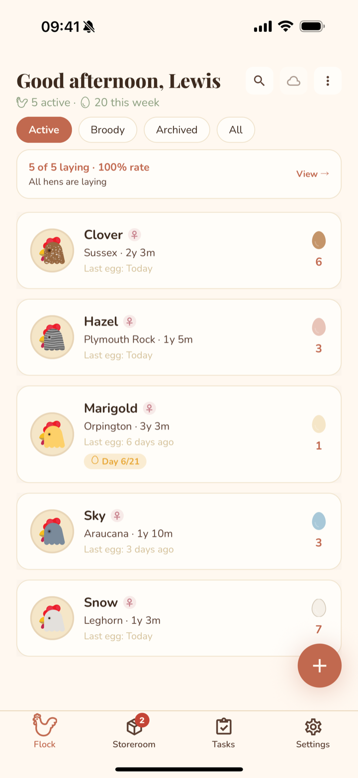 Henventory flock list: five hens with their breeds, egg colours, weekly egg counts and a broody Day 6 of 21 badge
