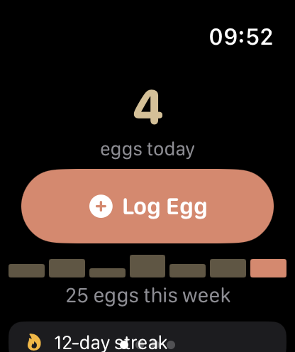 Apple Watch glance: 4 eggs today, a Log Egg button and the week’s bar strip