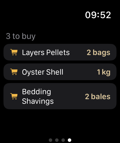 Shopping page: three to buy — layers pellets, oyster shell and bedding shavings